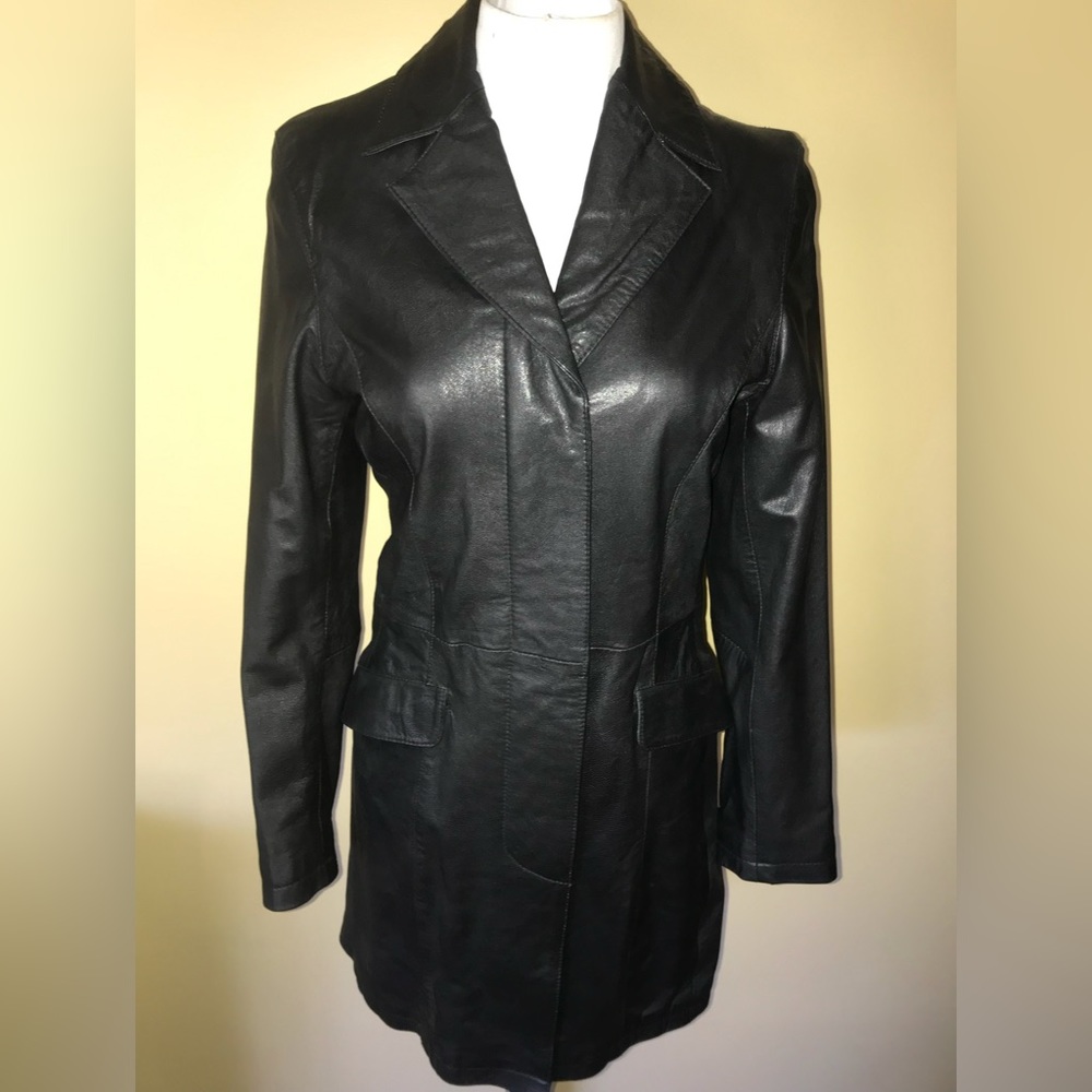 Vintage Long Black Hidden Front Button Leather Jacket Medium